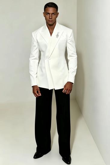 White Double Breasted Blazer With Silver Floral Rhinestone Brooch Custom Suit Wide Leg Black Trousers For Wedding Prom Gala_1