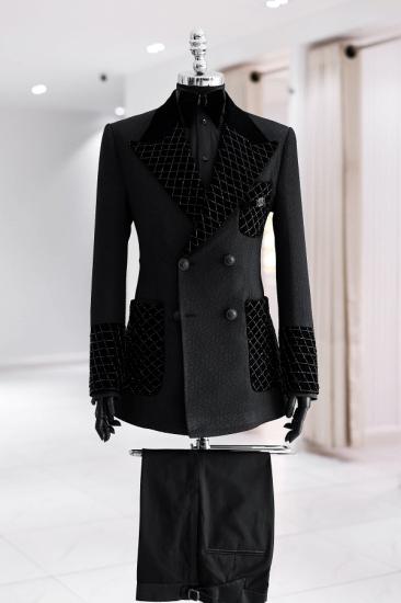 Martin Men Black Double Breasted Tuxedo Jacket Rhinestone Grid Velvet Lapel Custom Formal Suit With Pants_1