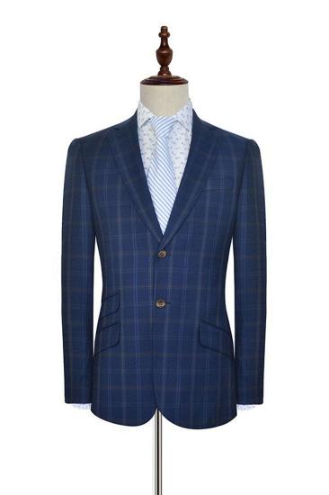 Mens Plaid Blue Suit |  Notched Lapel Flap Pocket Plaid Mens Business Suit