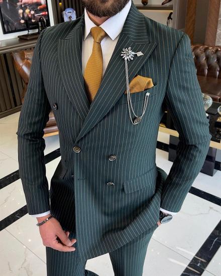 Dark Green Gold Striped Men Double Breasted Dinner Two Piece Suits_2
