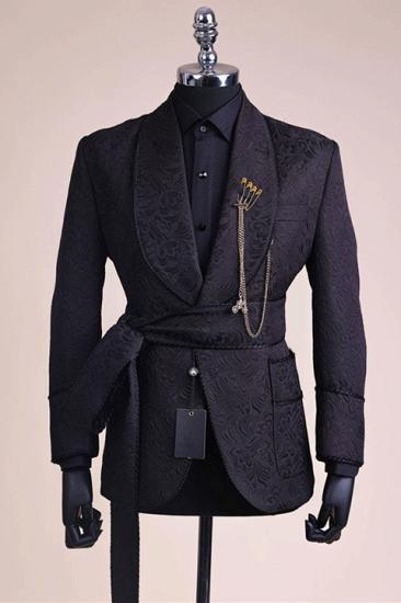 Black Jacquard Shawl Lapel Best Fitted Wedding Groom Suits Belt_1