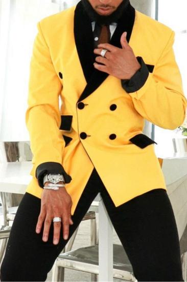 Stylish Yellow Double Breasted Slim Fit Men Suit With Black Cape_2