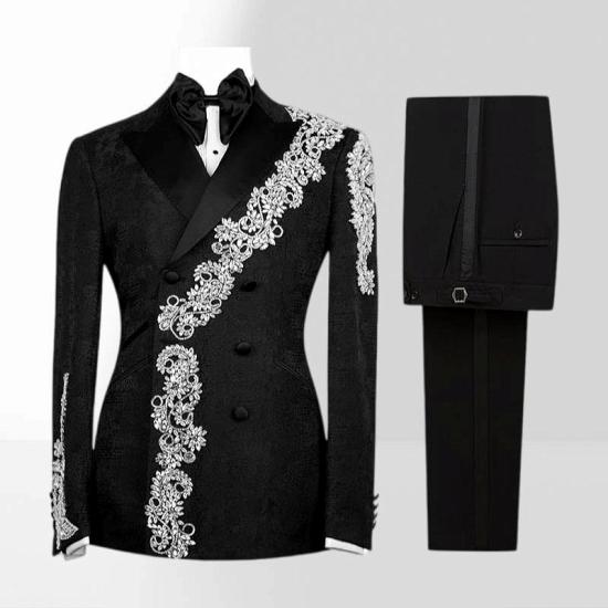 Men's Black Double-Breasted Tuxedo with Silver Embroidery Custom Prom Suit for Weddings & Formal Events_5