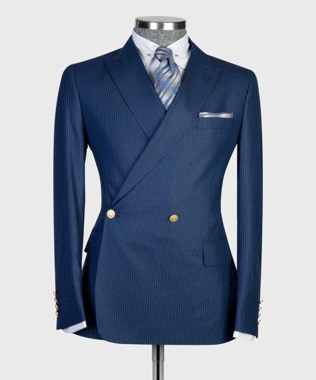 Navy Point Collar Double Breasted Two-Piece Men's Suit_4