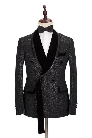 Stylish Velvet Lapel Double Breasted Prom Suit | Belt Leopard Black Jacquard Mens Suit for Wedding