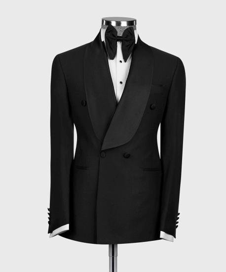 Black Double Breasted Flap Wool Blend Shawl Collar Men Wedding Suit_1