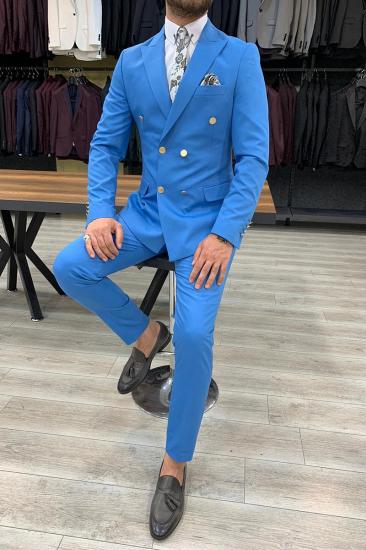 Blue Slim Fit Wool Men Double Breasted Two Piece Wedding Suit | Metal Buttons With Silk Lining_6