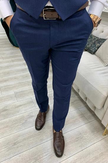 Navy Blue Slim Fit Wool Blend Single Button Mens Three Piece Suit_7