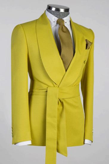 Autumn Leaf Yellow Double Breasted Slim Shawl Collar Men  Two Piece Tuxedo | With Belt_2