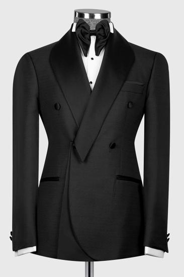 Black Shawl Lapel Double Breasted Wool Linen Blend Two Pieces Wedding Suits_1