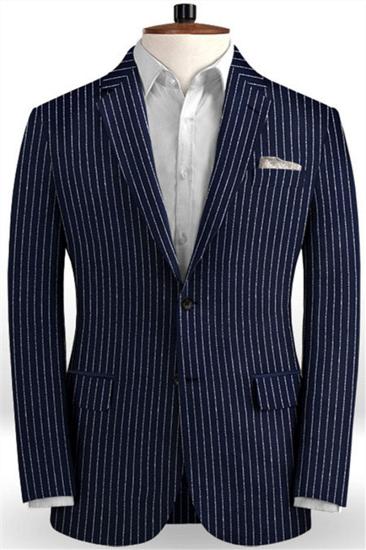 Dark Blue Linen Formal Tuxedo | Business Striped Two Piece Mens Suit