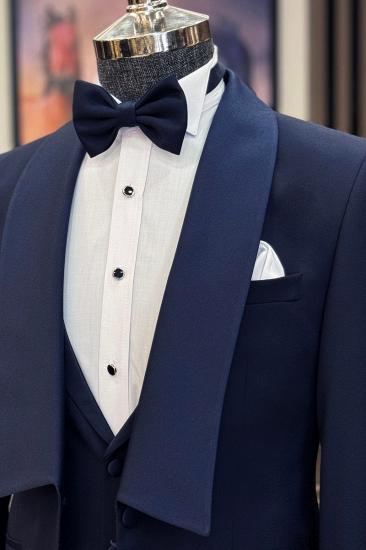 Italian Style Navy Blue Modern Slim Fit Shawl Collar Jacket Vest Trousers Groom Suit_3