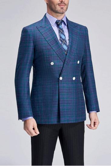 Formal Peak Lapel Check Double Breasted Blue Mens Business Blazer_3