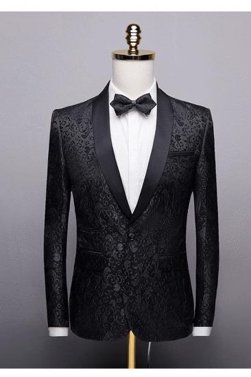 Black Jacquard Shawl Lapel Mens Suit | Unique Slim Two Piece Wedding Groom Tuexdos_1