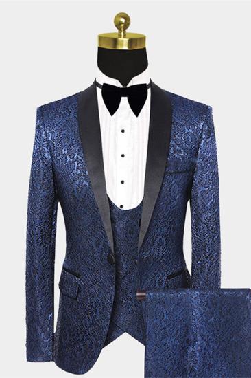 Gentle Dark Navy Damask Floral Mens Wedding Tuxedos Prom Suits with Black Satin Lapel_1