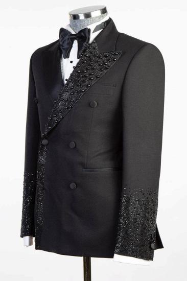 Shiny Black Double Breasted Two Piece Wool Wedding Suit | With Beading Prom Suit_2
