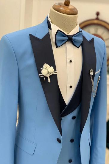 Exquisite Slim Fit Men Peak Collar Blue Groom Three Piece Suit_3