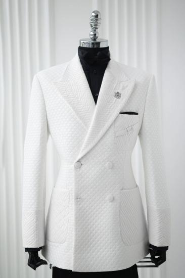 Men Two Piece White Quilted Double Breasted Blazer Slim Fit Custom Wedding Prom Formal Suit_1