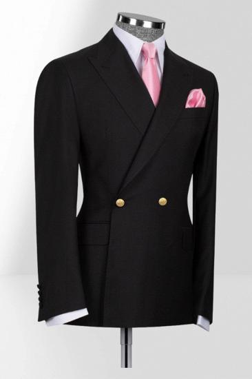 Stylish black peak lapel double-breasted slim-fit men's suit | Metal buttons_2