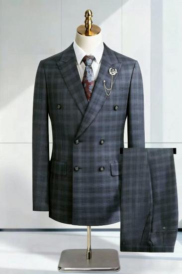Brady Dark Grey Plaid Double‑Breasted Two‑Piece Men Suit For Business