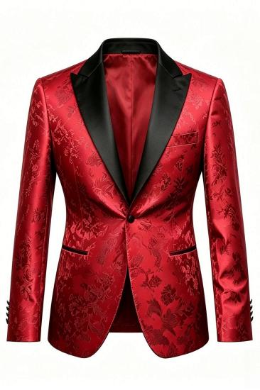 Red Floral Jacquard Peak Lapel Tuxedo Suit Set Slim Fit Formal Men Party Suit_1