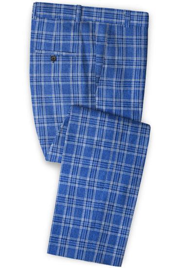Ocean Blue Check Business Mens Suit | Formal Linen Notched Lapel Tuxedo_3