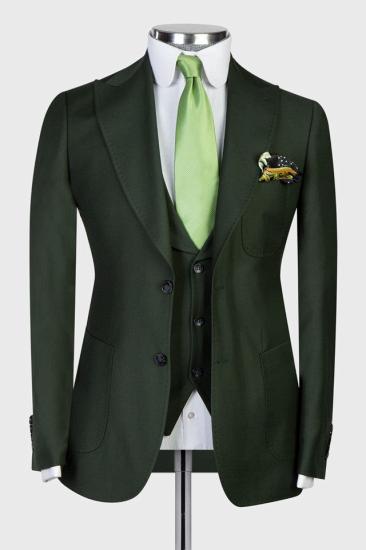 Chic dark green pointed lapel three-piece business men's suit_7