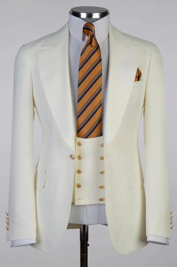 Cream White Mens Three Piece Formal Business Suit | With Gold Buttons_1