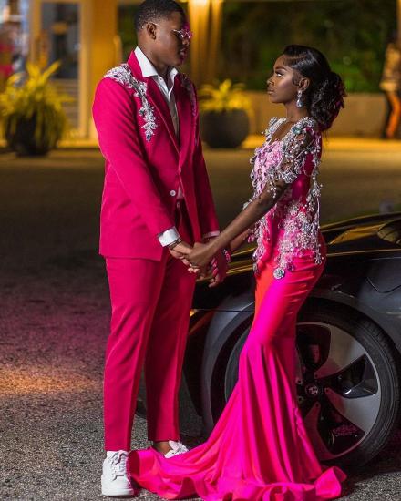 Hot Pink Embroidered Men's Prom Suit with Floral Shoulder Applique_2