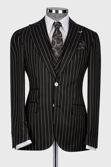 Slim Fit Three Piece Pinstripe Black Business Suit  Including Vest_3