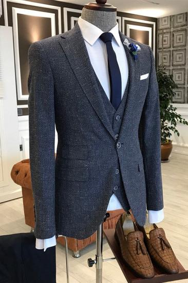 Modern Navy Blue Small Plaid Notched Lapel Slim Fit Tailored Formal Menswear_1
