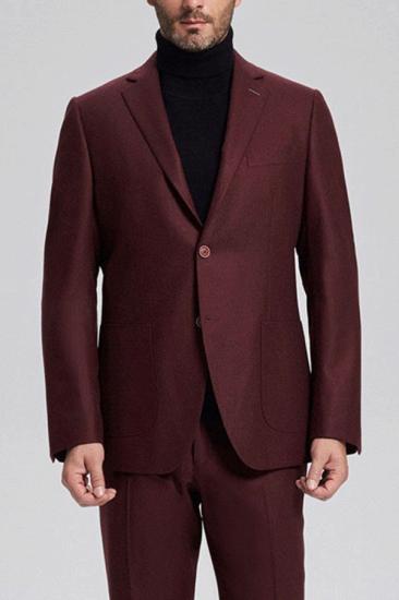 Unique Burgundy Solid Color Patch Pocket Chic Mens Suits Sale