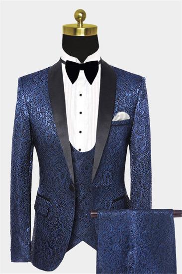 Navy Blue Damask Tuxedo | Modern Three Pieces Men Suits_1