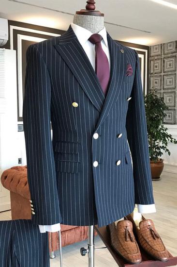 Hogan Modern Navy Striped Point Lapel Double Breasted Slim Fit Business Mens Suit_1