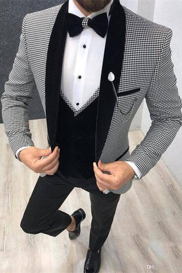 Ahmed Black Houndstooth Shawl Lapel Three Piece Mens Suit_1