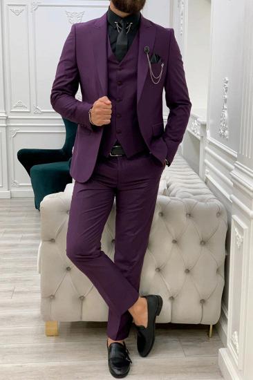 Purple Peak Collar Men's Slim Fit Three Piece Prom Suit_1