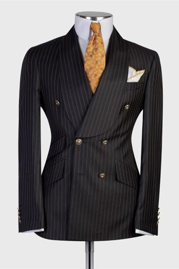 Black Stripe Double Breasted Shawl Lapel Business Men's Suit_1