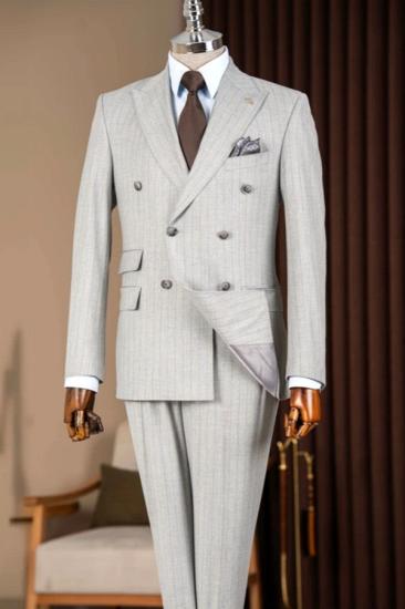 Men Light Grey Pinstripe Double Breasted Suit Custom Business Wedding Formal Two Piece Suit Set_1