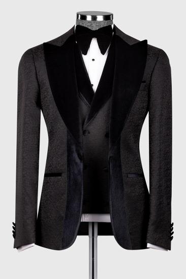 Black Jacquard Wedding Suit with Black Peak Collar Velvet Groom Three Piece Suit_2