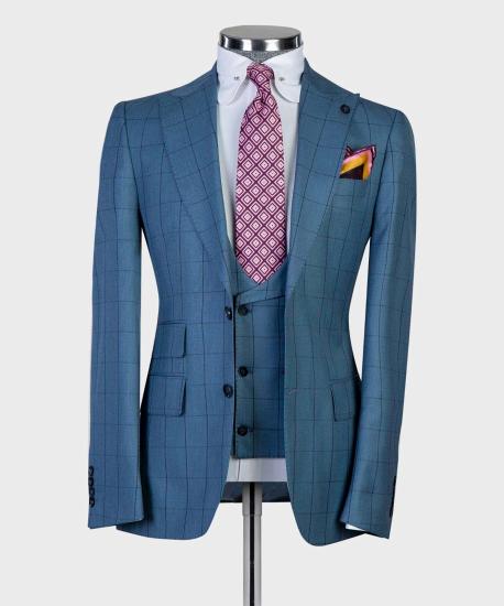 Fashion Blue Plaid Slim Fit Peaked Lapel Three Pieces Men Suits_4