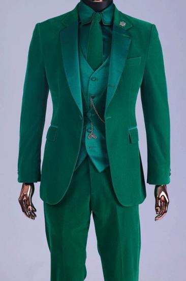 Fashion Green Notched Lapel Three Pieces Velvet Prom Suits_1