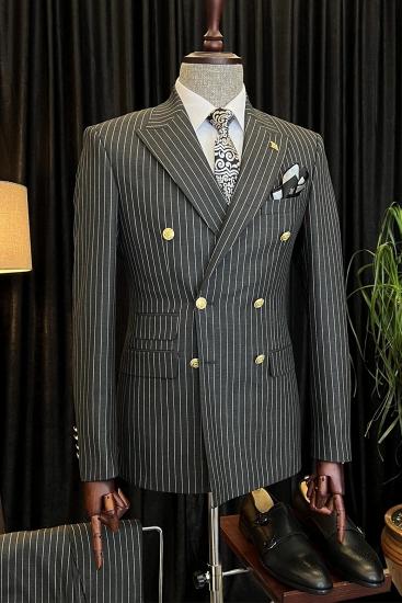 Slim Dark Gray Striped Peaked Lapel Double Breasted Two Piece Business Suits_1