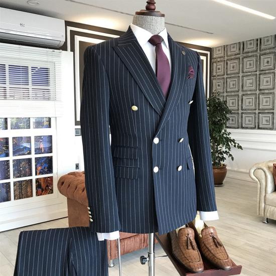 Hogan Modern Navy Striped Point Lapel Double Breasted Slim Fit Business Men Suit_2