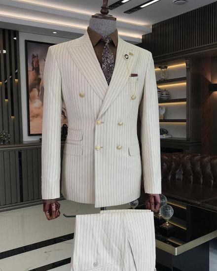 Elegant Beige Peak Collar Double Breasted Mens Pinstripe Two Piece Suits_2
