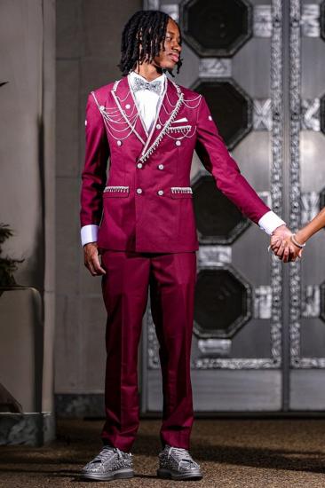 Kitt Special Slim Burgundy Peaked Lapel Double Breasted Two Pieces Prom Suits With Tassel_2
