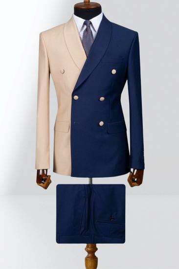 Champagne And Navy Blue Double Breasted Shawl Collar Slim Mens Two Piece Suit_1
