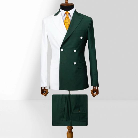 White And Green Double Breasted Peak Collar Slim Mens Two Piece Suit_2