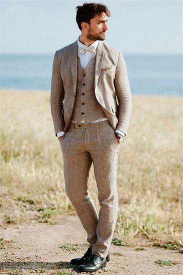 Khaki Linen Summer Beach Men Classic Suit | 2022 Groom Wedding Tuxedo Set Of 3_2