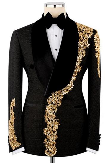 Black Jacquard Two Piece Tuxedo with Gold Floral Embroidery | Bradymensuit_1