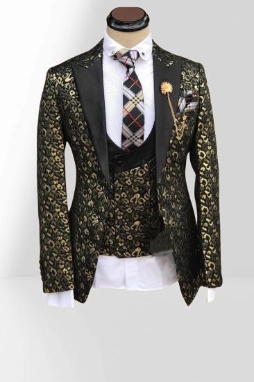 Black Peaked Lapel Collar Stitching Gold Leopard Jacquard Men Three Piece Suits_1